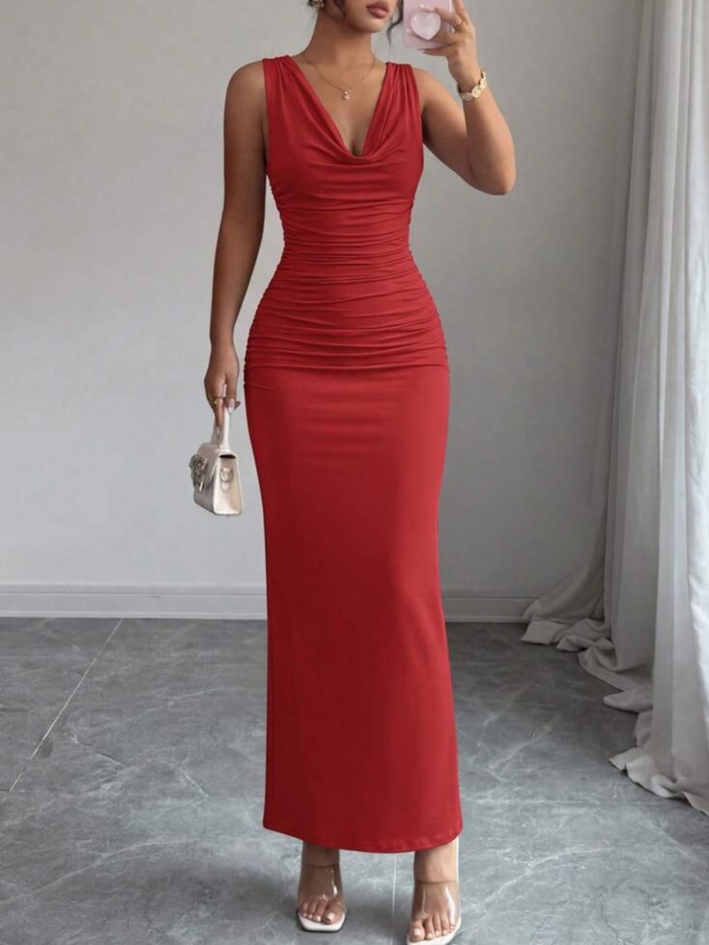 Sleeveless Red Ruched Cowl Neck Maxi Dress